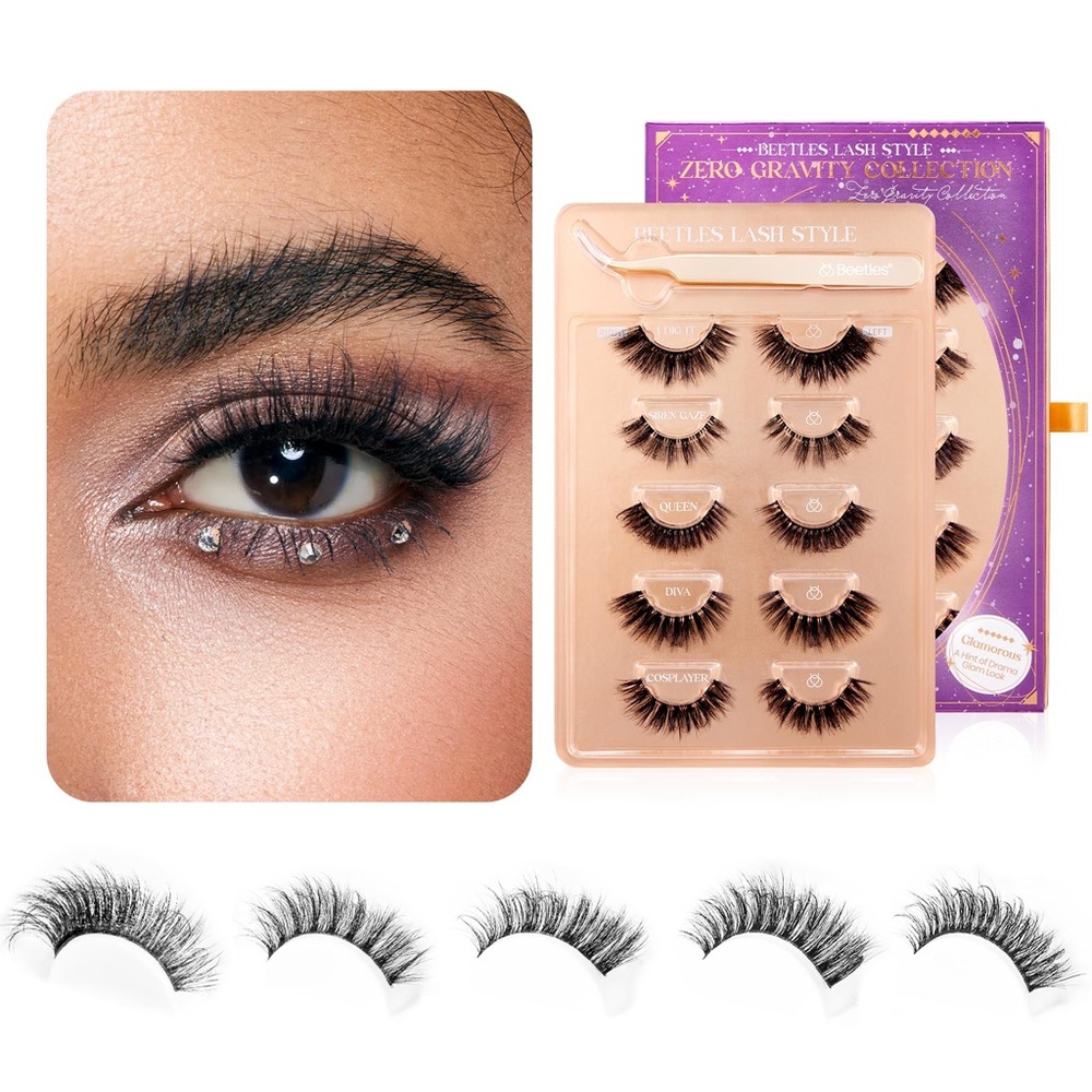 Easy False Eyelashes Zero Gravity Collection 5 pairs of Mixed with Tweezers